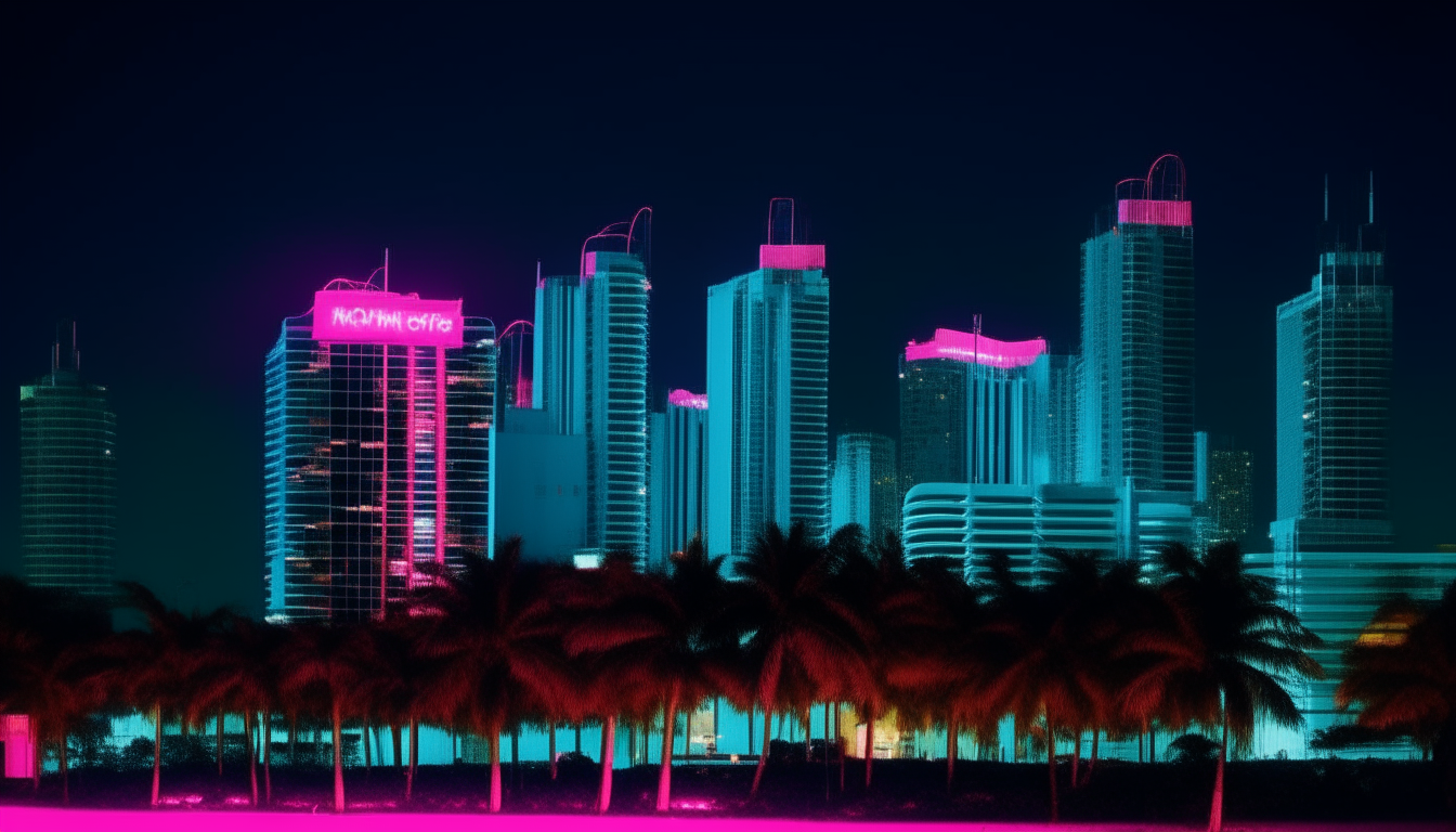 1980s downtown Miami skyline at night with vibrant neon blue and neon pink lights shining on the tall palm trees, hotels, and buildings with architectural details in the background.