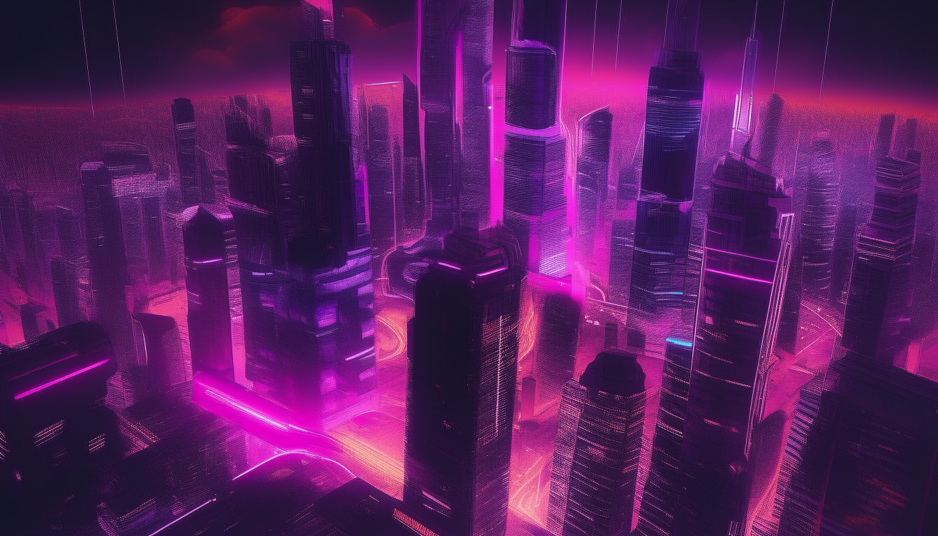 Aerial view of a futuristic city skyline at night, with towering skyscrapers lit up in neon purple and pink colors