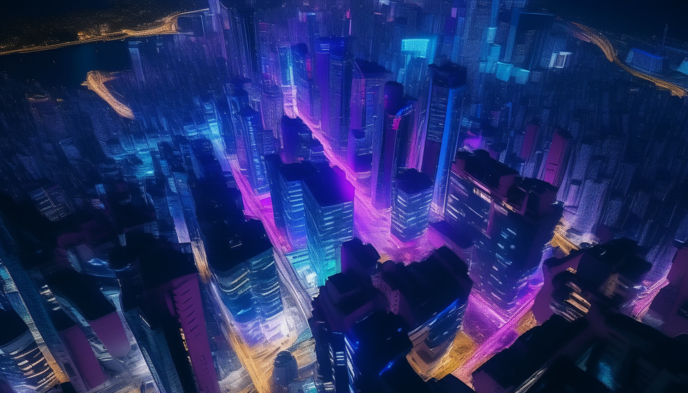 Bird's eye view of a vibrant city at night, many bright neon lights in blue and purple hues shining from tall buildings