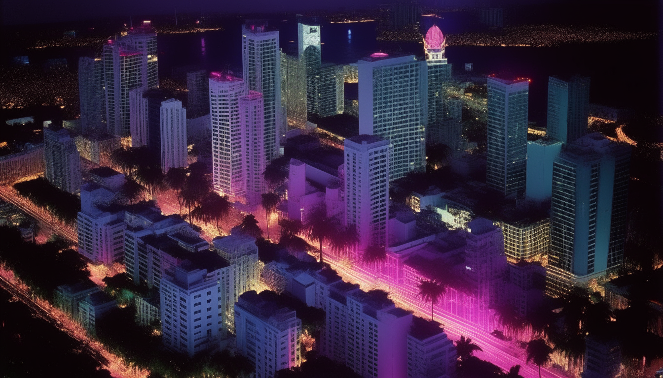 Aerial view of downtown Miami, Florida in the 1980s at night. Many neon signs in bright pink and blue colors shine from the tall palm trees, hotels, and art deco buildings.