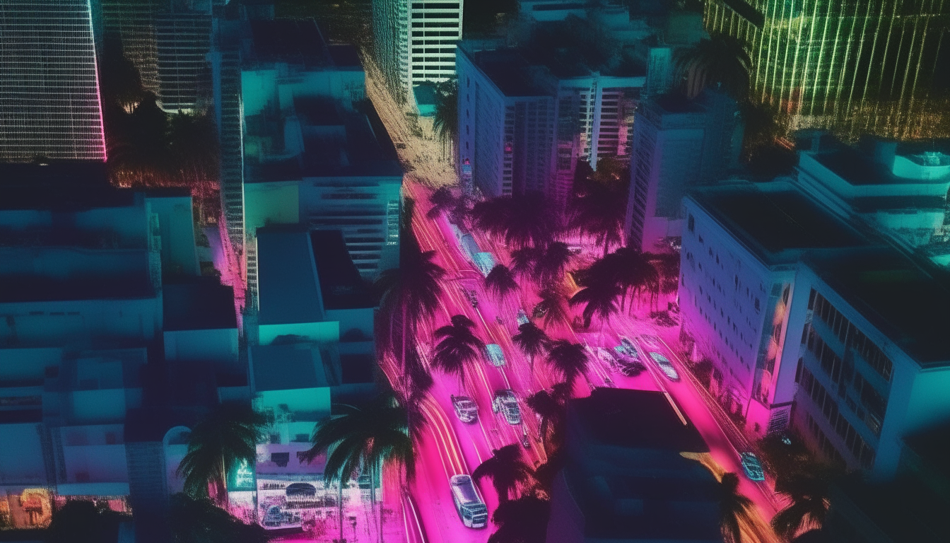 Bird's eye view of a busy street in 1980's downtown Miami at night. Vibrant neon pink and blue lights glow from the windows of the tall skyscrapers, hotels, and restaurants with palm trees.