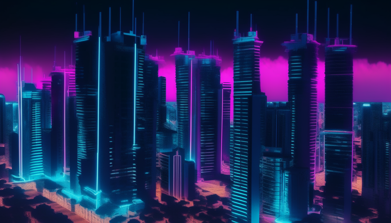 Aerial view of a vibrant futuristic cityscape at night with towering skyscrapers lit up in neon blue and purple