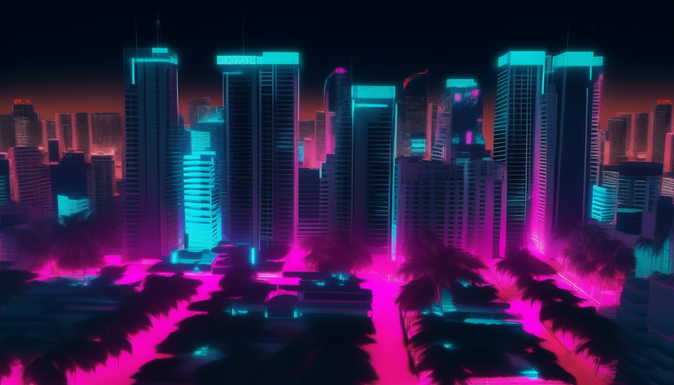 Bird's eye view of a neon city at night with bright blue and pink lights shining from skyscrapers, hotels and palm trees