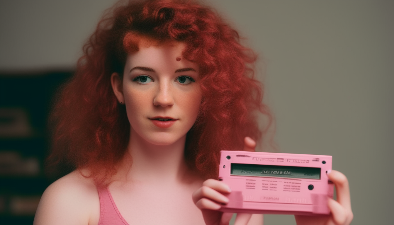 Portrait photo of a young redheaded woman with curly hair, green eyes, and freckles, wearing a pink off-the-shoulder top. She holds up a cassette tape titled 'Workout 80s Hits'.