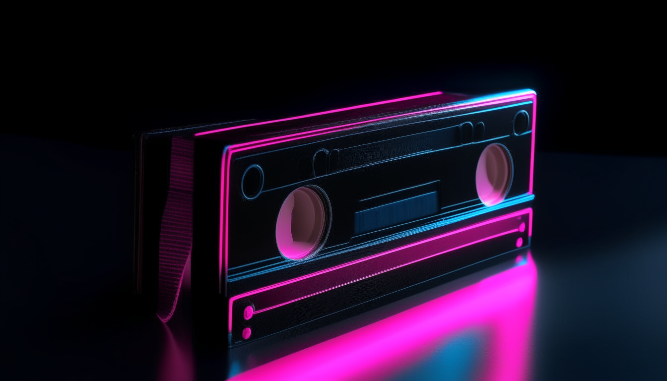 A 1980's style cassette tape glowing with vibrant neon pink and blue colors on a black background.