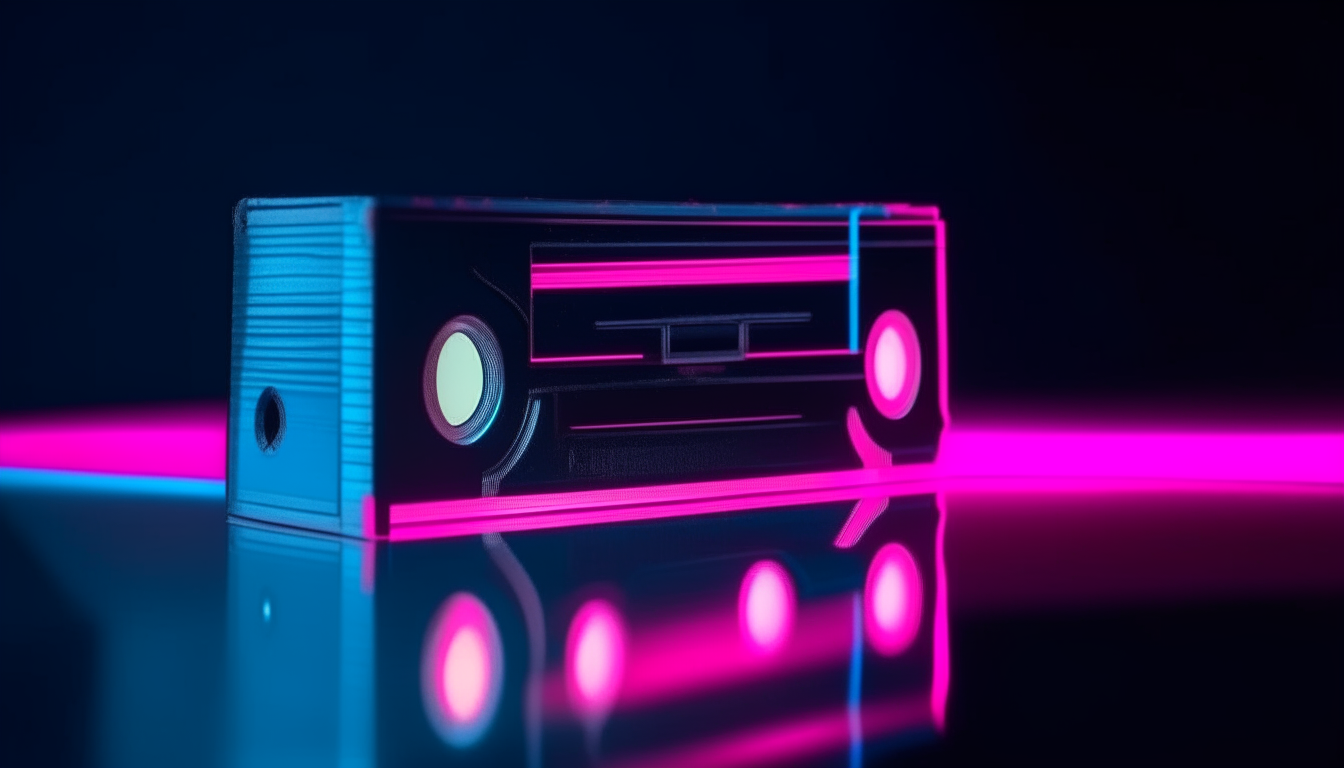 1980's style cassette tape shining brightly with neon blue and pink lighting against a dark background.