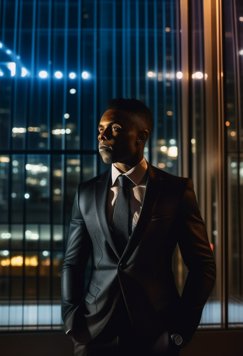 Black man on a shiny suit at night with tall modern corporate buildings behind him with their window lights turned on