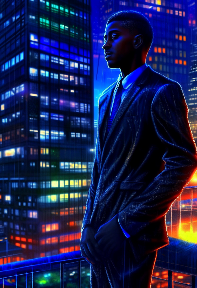 Black man on a shiny suit at night with tall modern corporate buildings behind him with their window lights turned on