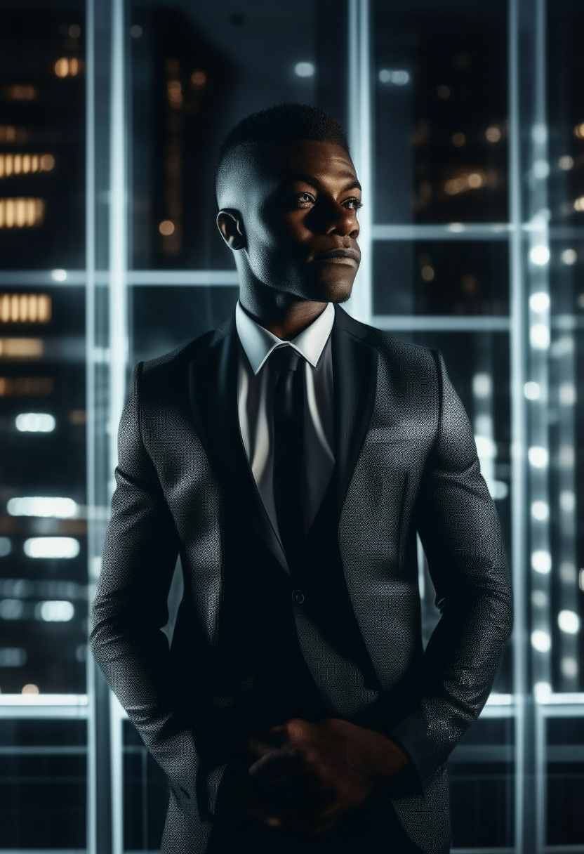 Black handsome man on a shiny suit at night with tall modern corporate buildings behind him with their window lights turned on. White radiation and glossy image