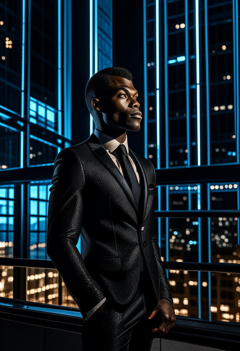 Black handsome man on a shiny suit at night with tall modern corporate buildings behind him with their window lights turned on. White radiation and glossy image