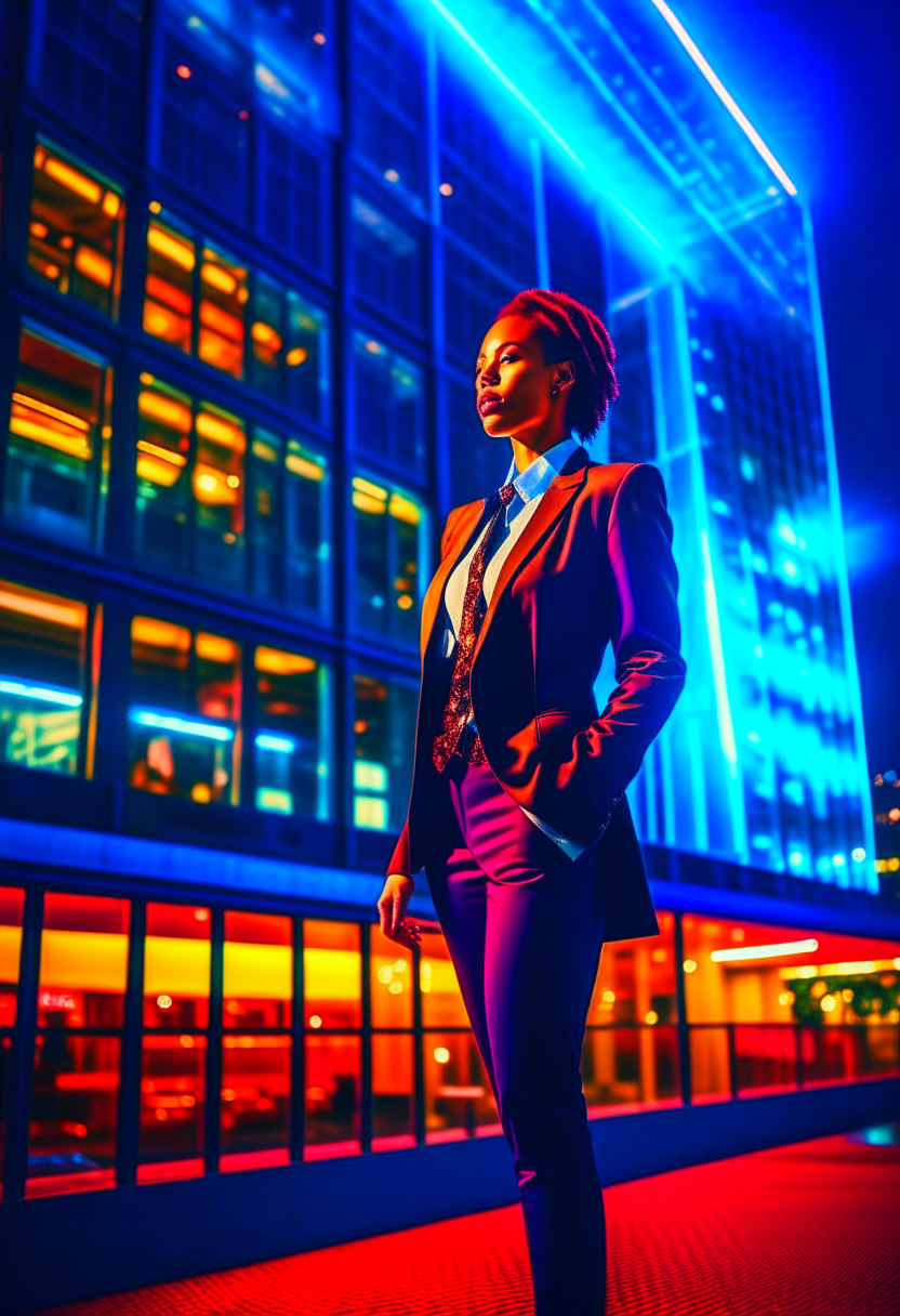 Black pretty woman on a shiny suit at night with tall modern corporate buildings behind him with their window lights turned on. White radiation and glossy image