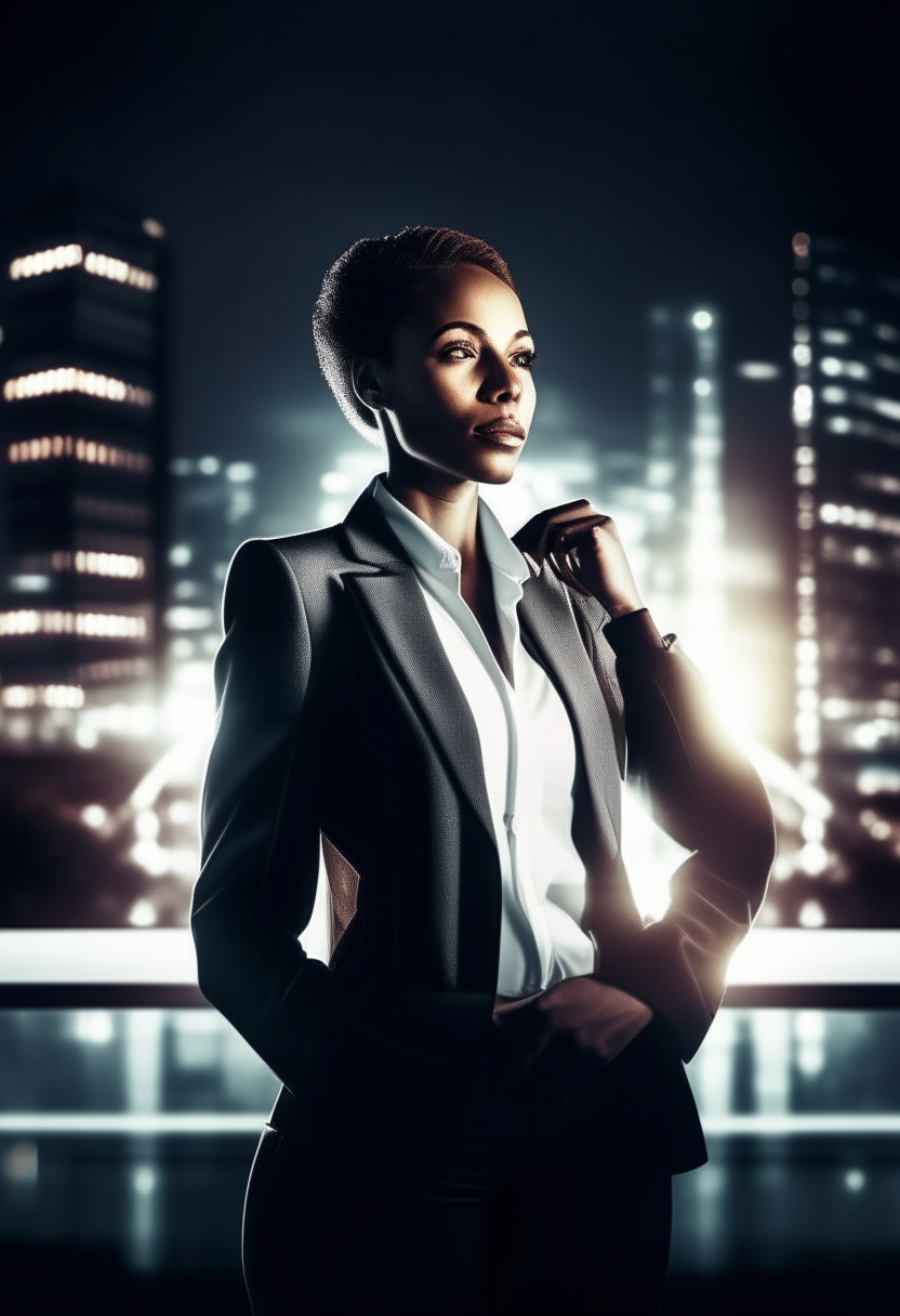 Black classy woman on a shiny suit at night with tall modern corporate buildings behind him with their window lights turned on. White radiation and glossy image