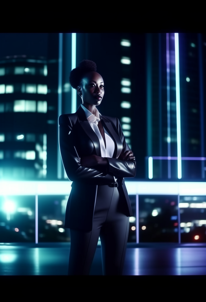 Black classy woman on a shiny suit at night with tall modern corporate buildings behind him with their window lights turned on. White radiation and glossy image