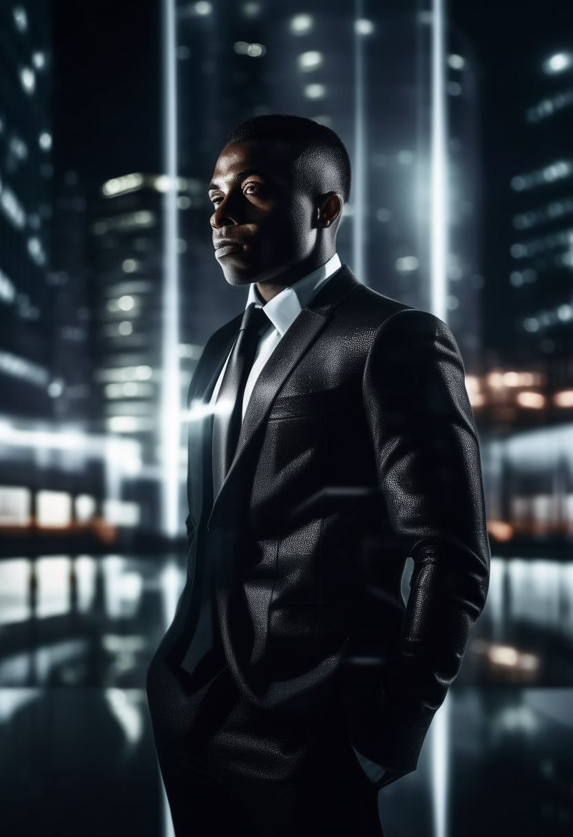 Black classy man on a shiny suit at night with tall modern corporate buildings behind him with their window lights turned on. White radiation and glossy image