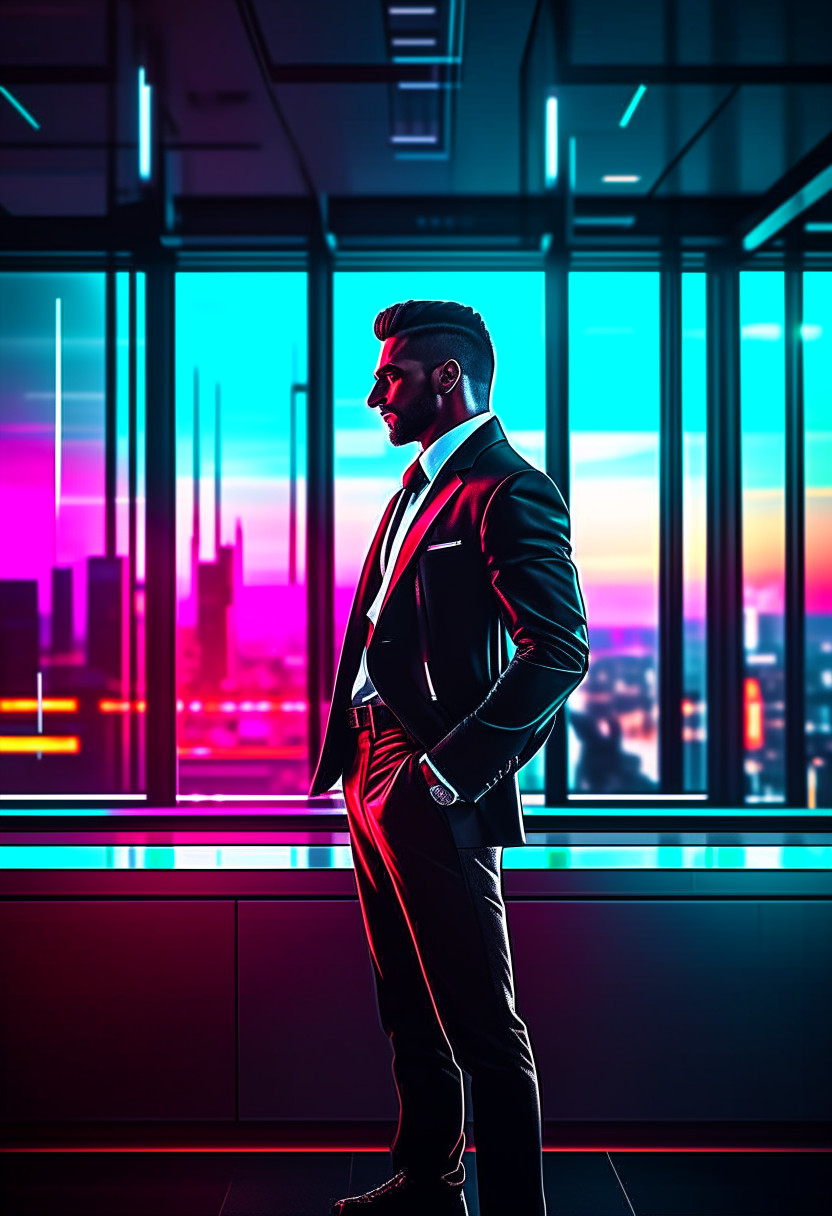 Black classy man on a shiny suit at night with tall modern corporate buildings behind him with their window lights turned on. White radiation and glossy image