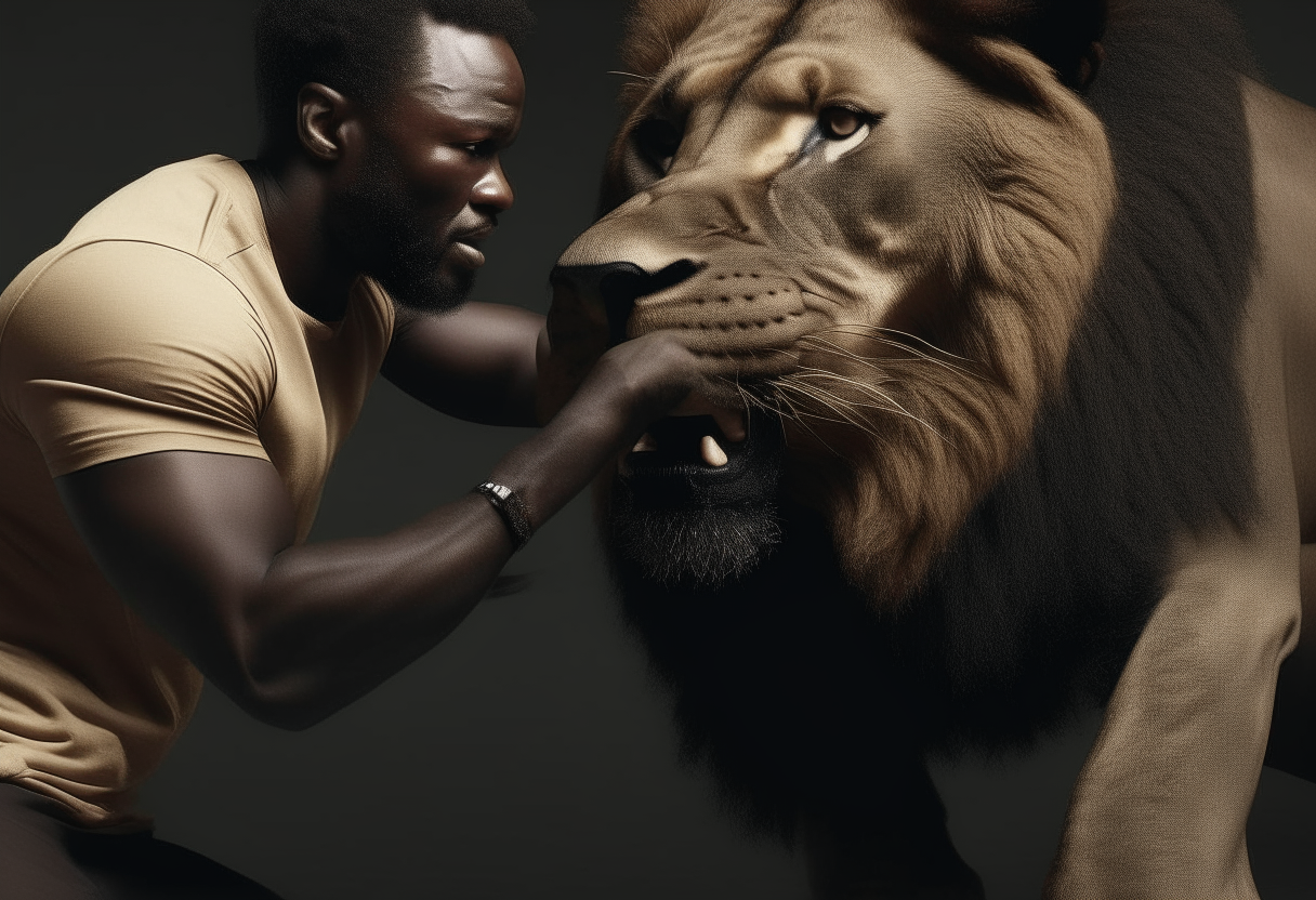 Black Man taming a lion