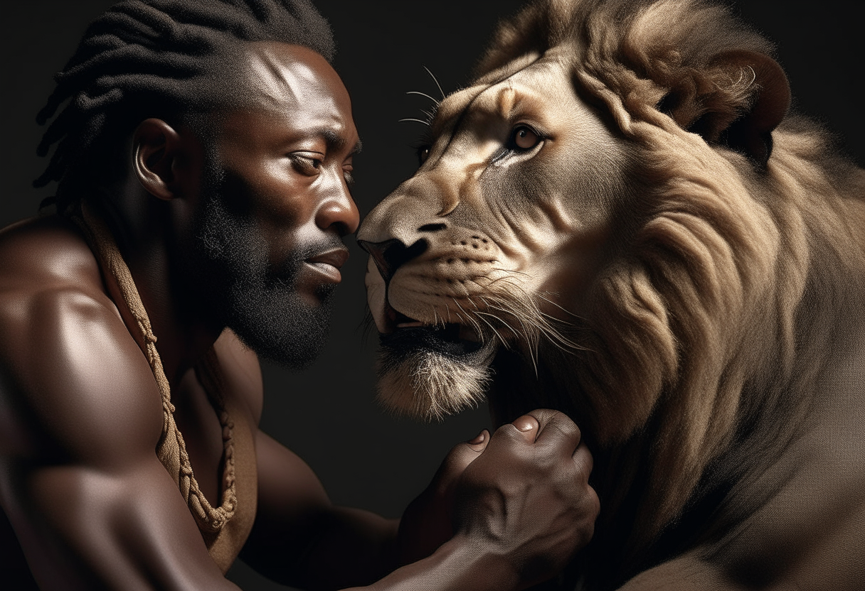 Black Man taming a lion