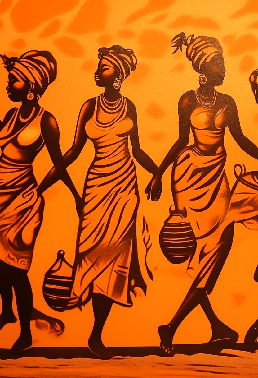 Graffiti of African Women carrying calabash under the sun. Orange color radiating around them 