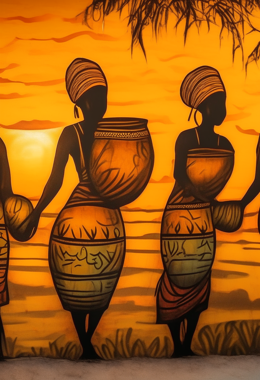 Graffiti of Nigerian Hausa women carrying calabash on the head, sun setting 