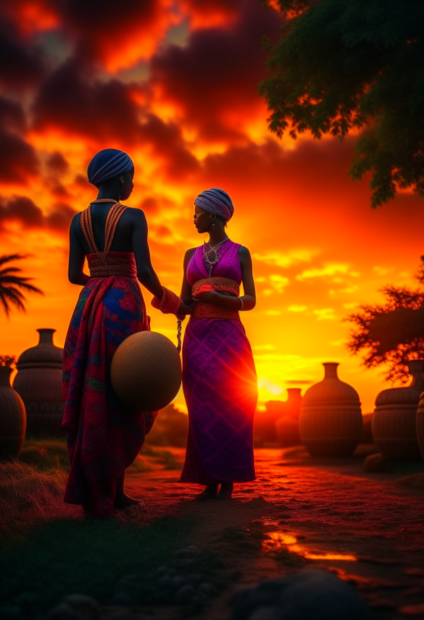 Graffiti of Nigerian Hausa women carrying calabash on the head, sun setting 