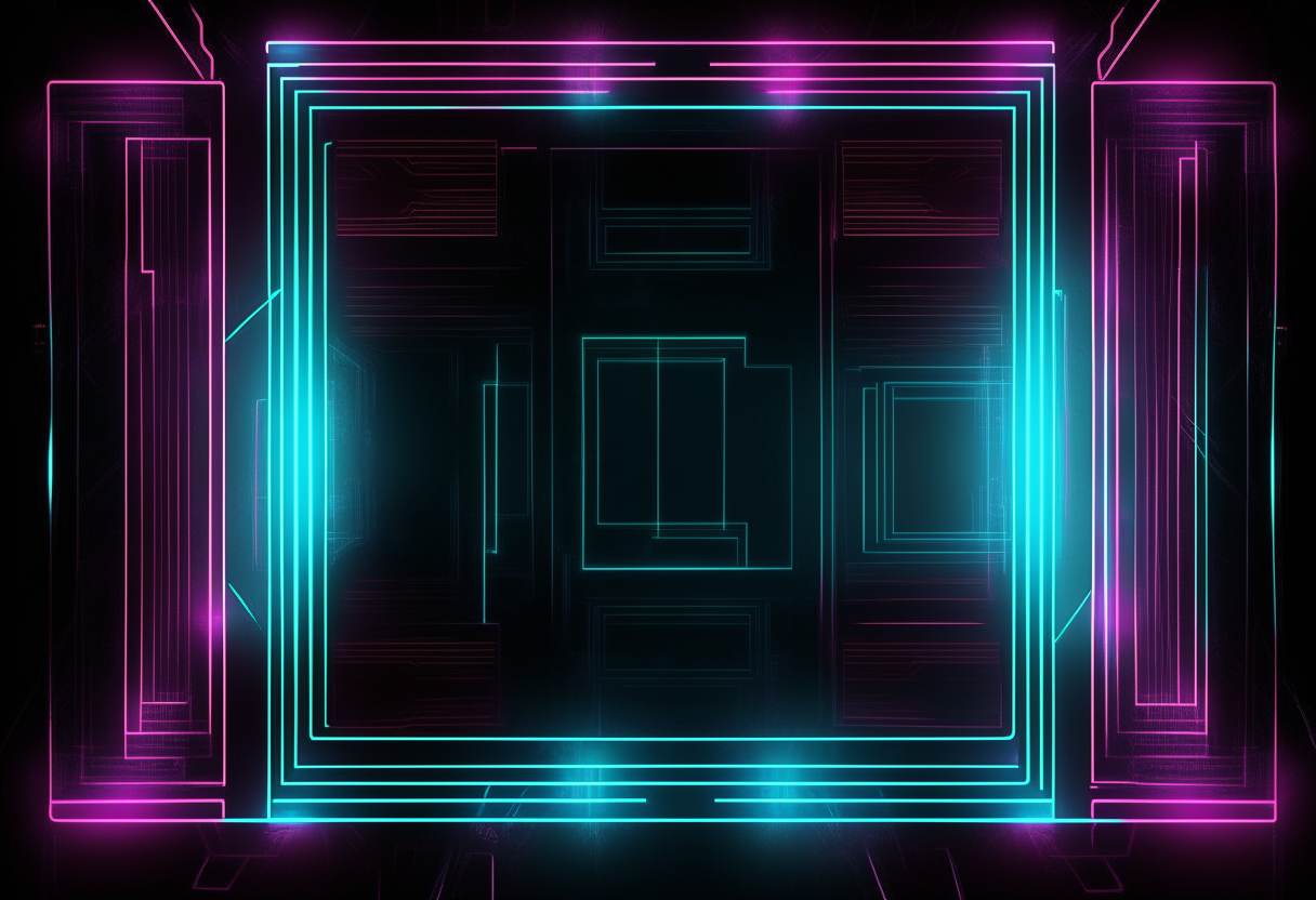 A blank cyberpunk comic book panel with glowing neon borders and grid lines on a dark background