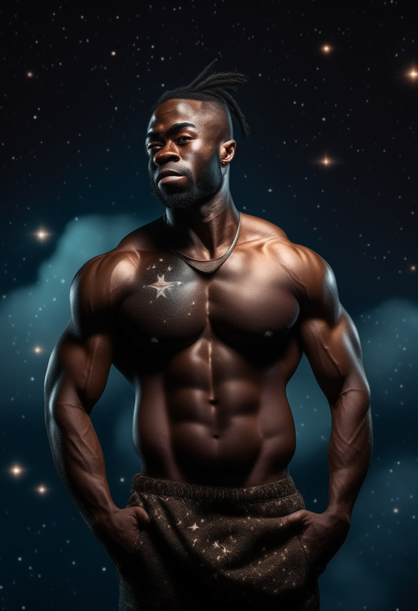 Muscular African man standing against the hold of western civilization . At night with a rising star 