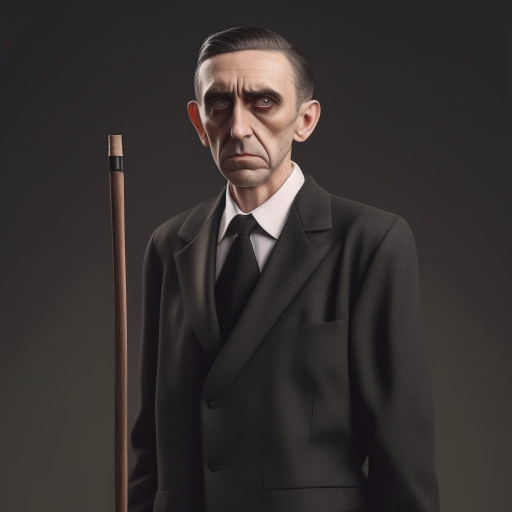 REALISTIC LOOKING MAN WITH BLACK EYES WEARING A SUIT AN A CANE