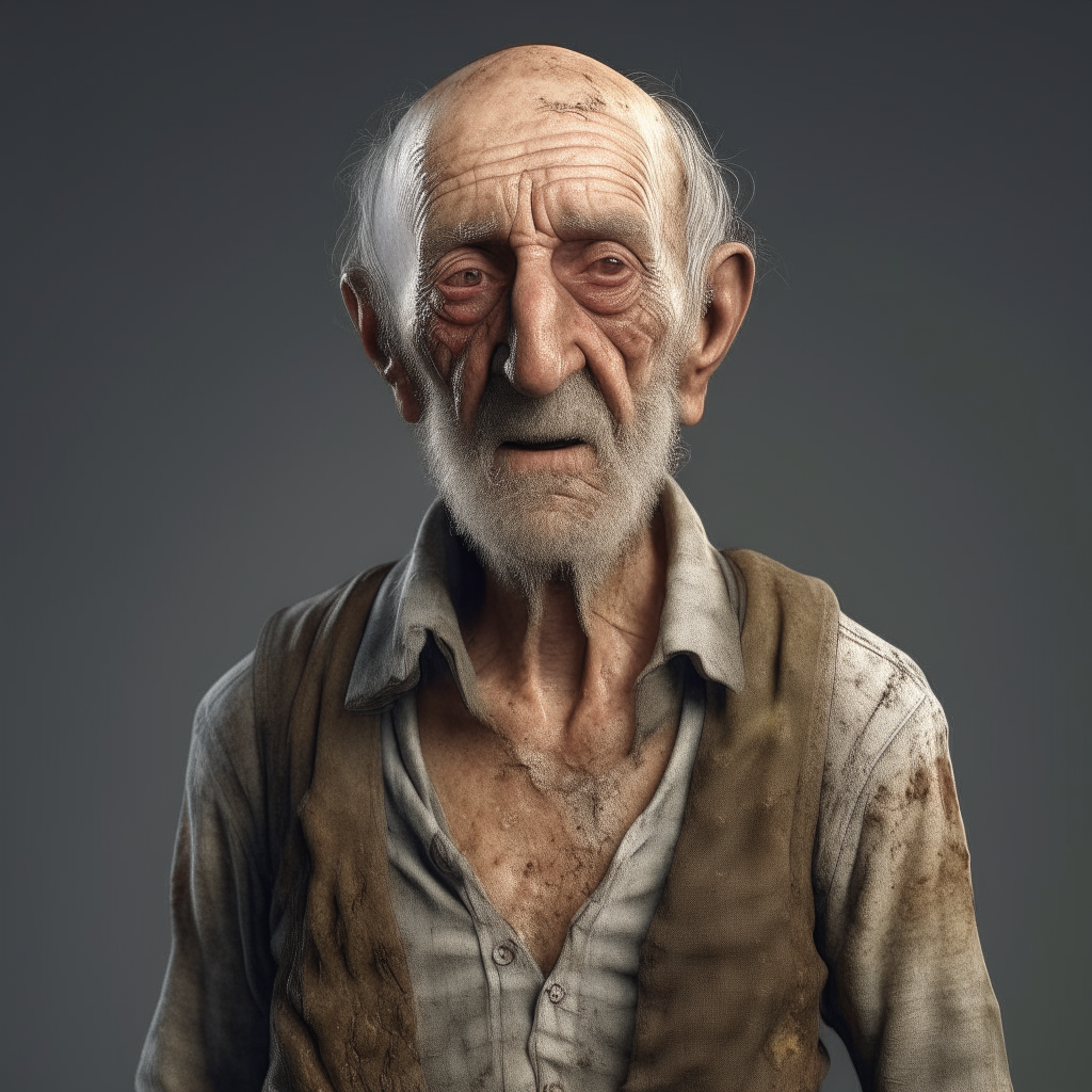 OLD MAN ITH WRIKLES WEARING DIRTY CLOTHES WAIST UP WITH DETAILED REALISTIC SKIN
