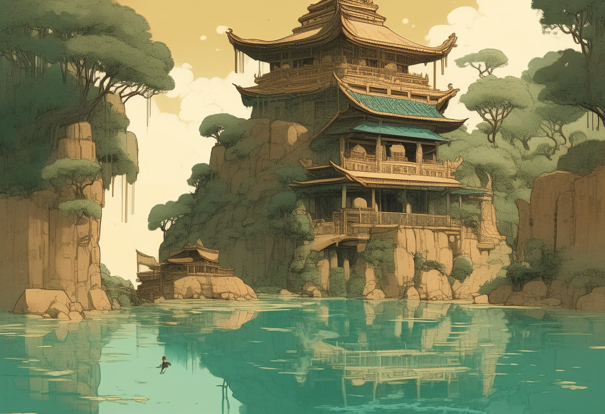 Ancient chinese monastries seen from a ditch filled with water, full body, action pose, pro vector, high detail, rendered in the style of Studio Ghibli.