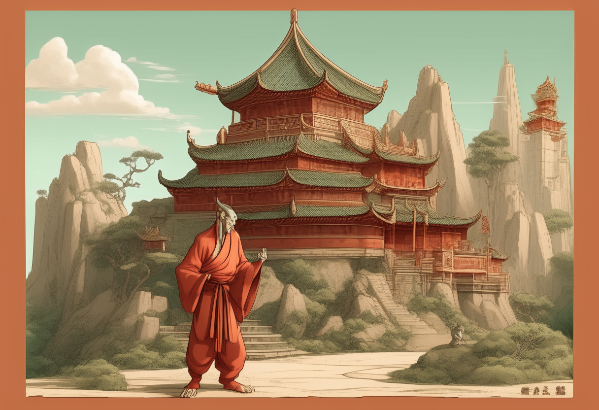 Ancient Chinese monasteries, full body, action pose, pro vector, high detail, rendered in the style of Studio Ghibli.