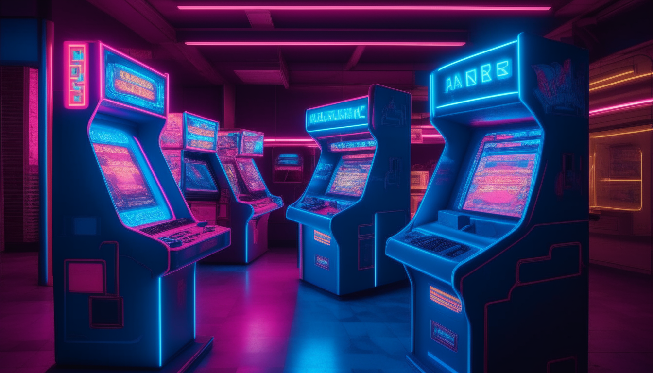 image of an 80's arcade station with neon blue and pink lighting