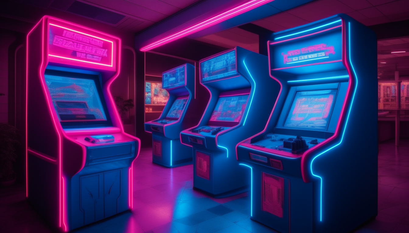 image of an 80's arcade station with neon blue and pink lighting