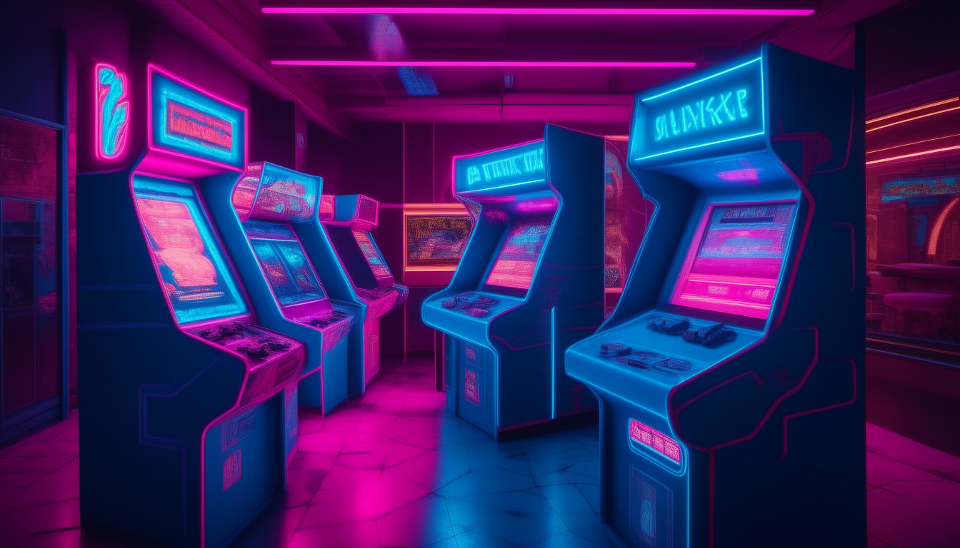 image of an 80's style arcade with neon blue and pink lighting