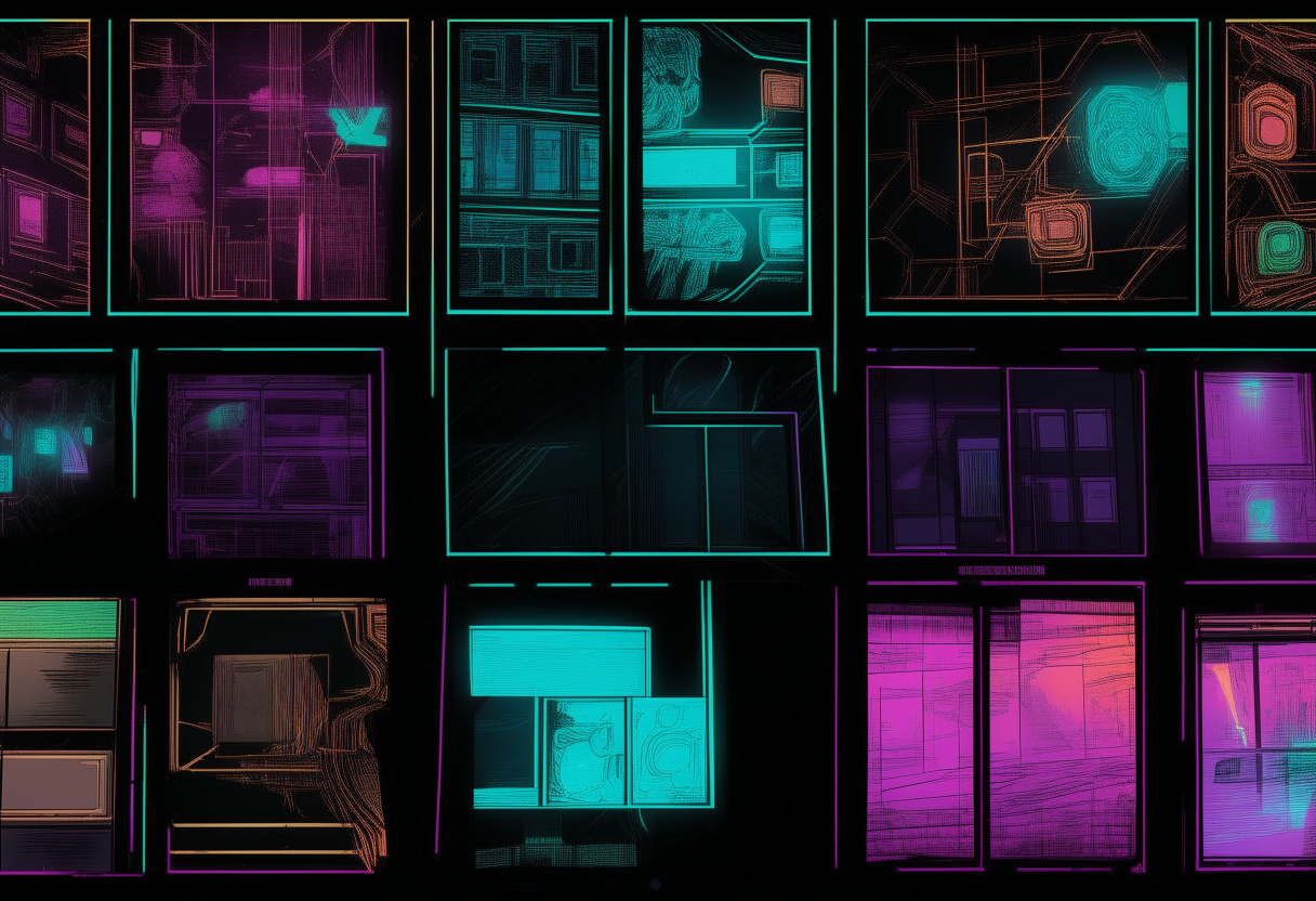 A full comic book page with 4 blank cyberpunk panels, each with glowing neon borders and grid lines on a dark background