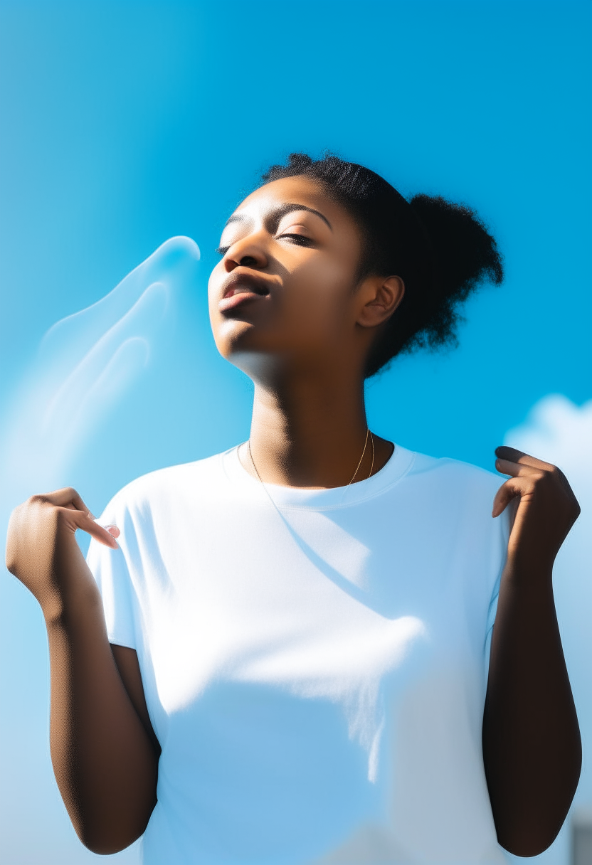 Young black lady putting on a plain white t-shirt with sky blue radiation around her