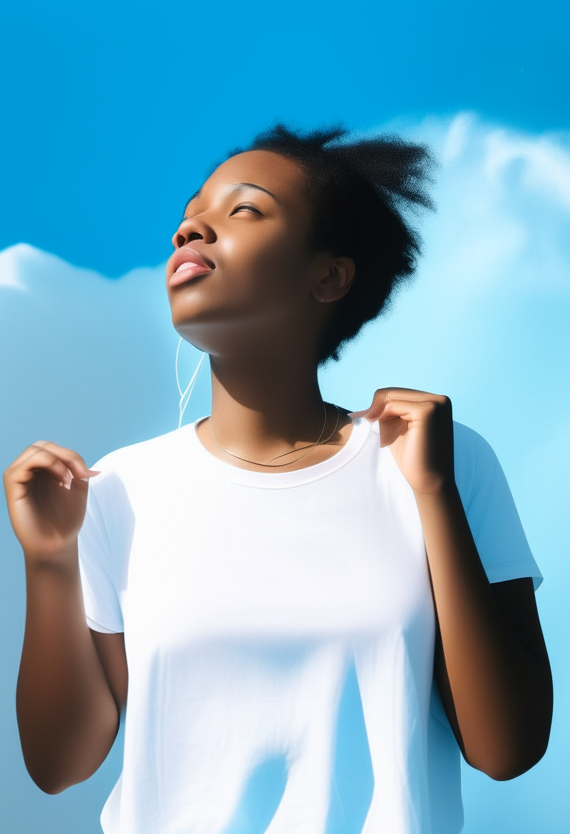 Young black lady putting on a plain white t-shirt with sky blue radiation around her