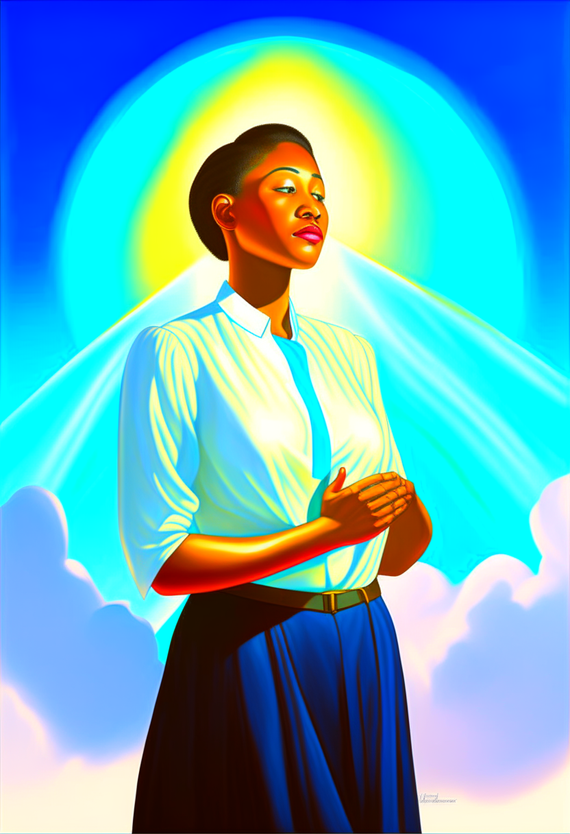 Young black lady putting on a plain white t-shirt with sky blue radiation around her