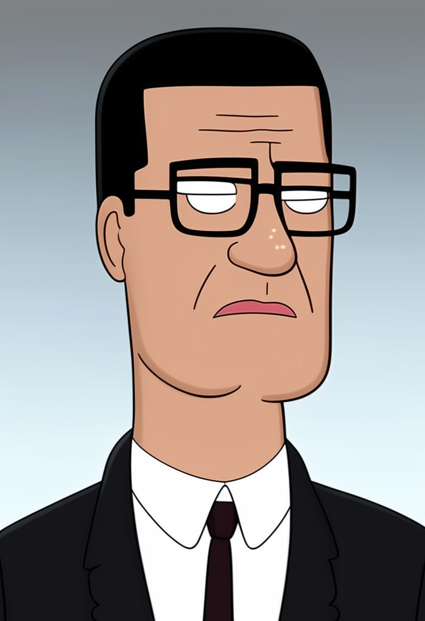 A portrait of Hank Hill from King of the Hill wearing a black business suit and tie, facing forward with a serious expression.