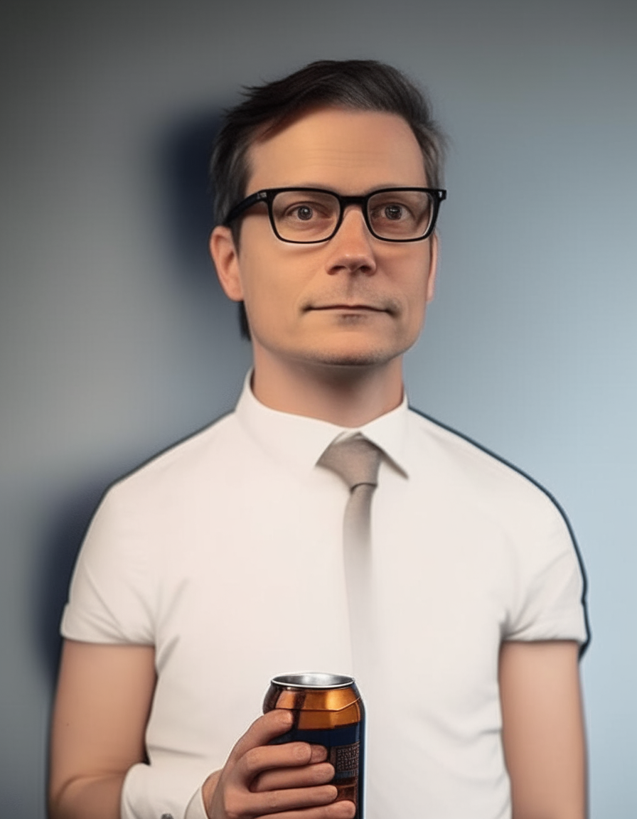 A man wearing glasses and a black suit, holding a can of beer