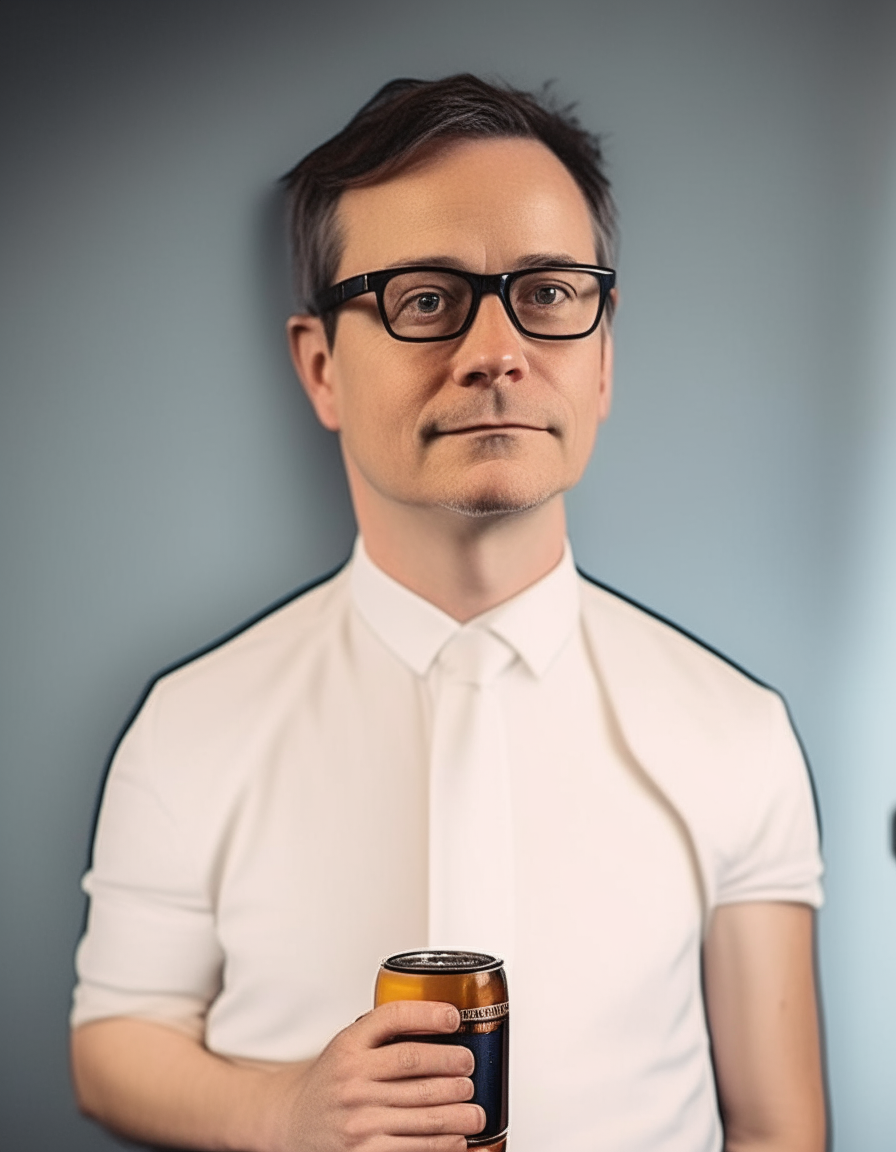 A man wearing glasses and a black suit jacket, holding a can of beer