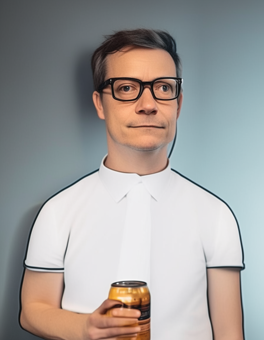 A man wearing glasses and a black suit jacket, holding a can of beer