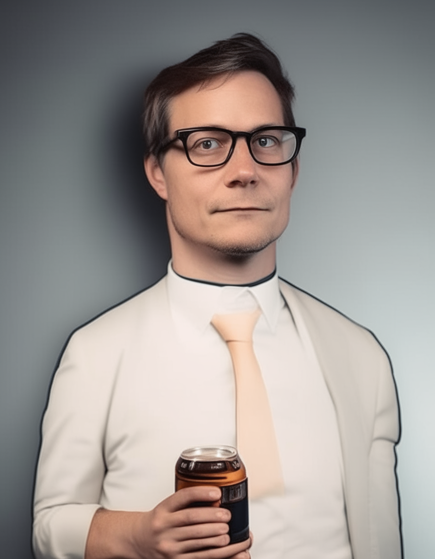 a man with glasses, wearing a black suit and holding a can of beer