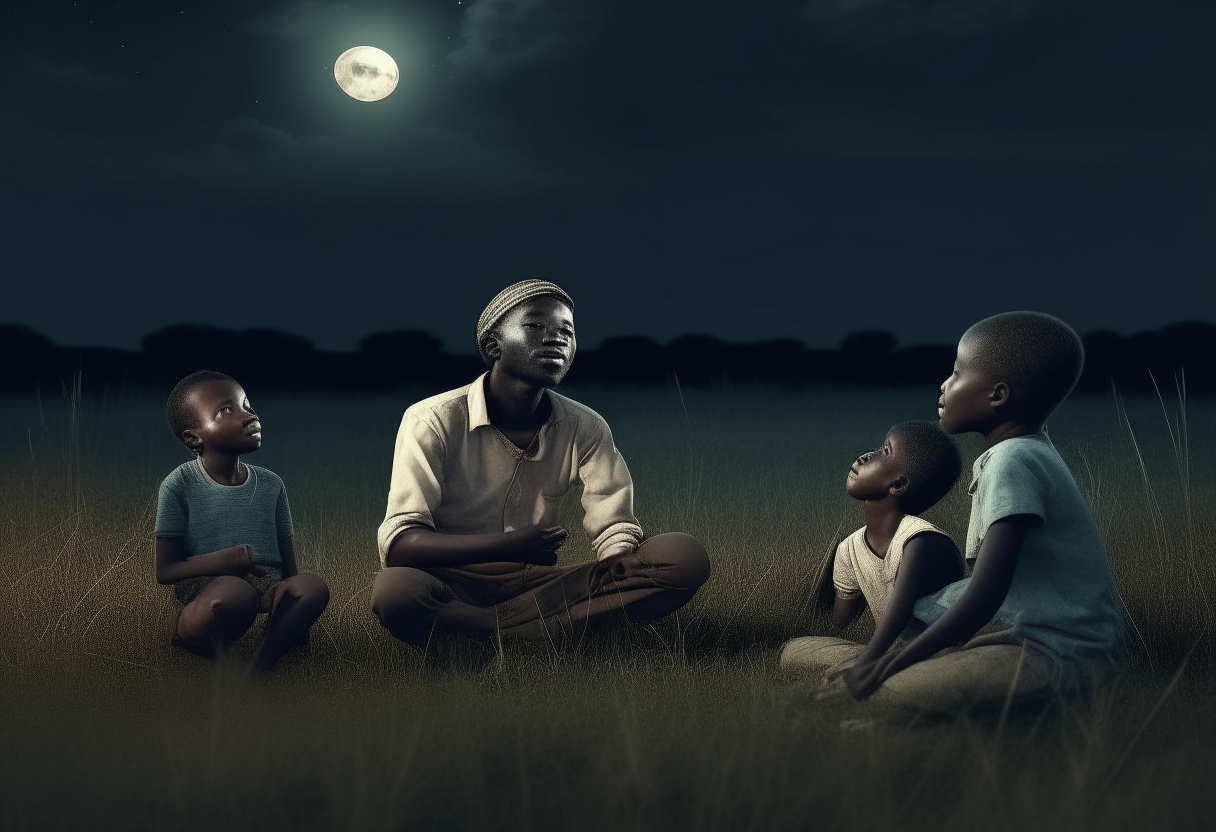 An African man sitting on the grass with African Children, telling them stories under the moonlight 