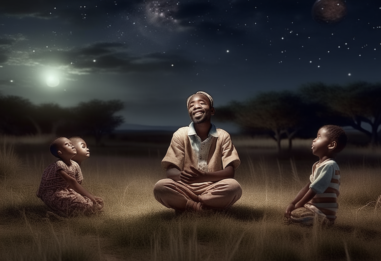 An African man sitting on the grass with African Children, telling them stories under the moonlight 