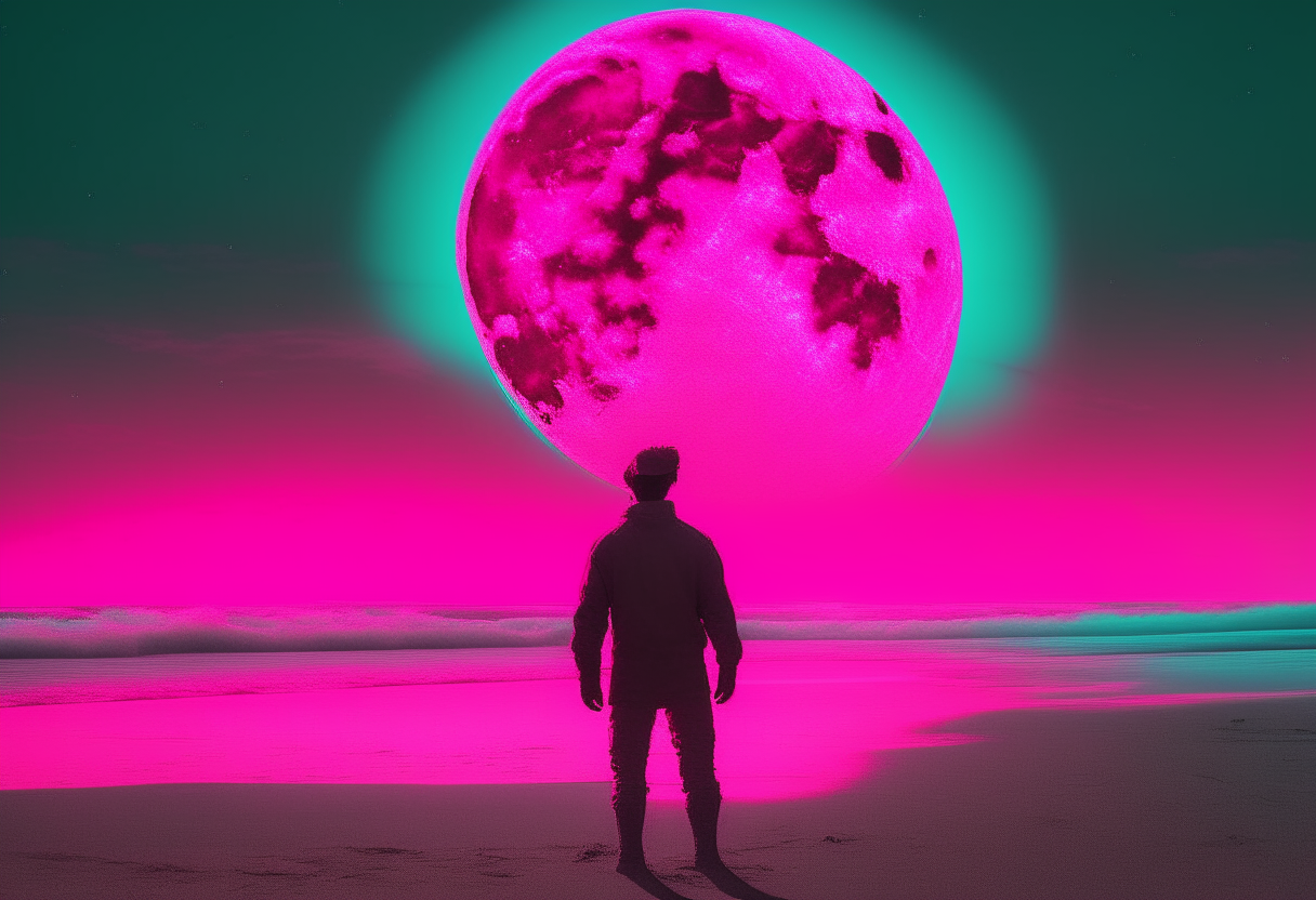 A NEON MAN STABDING ON A BEACH WITH A BIG PINK MOON IN THE SKY