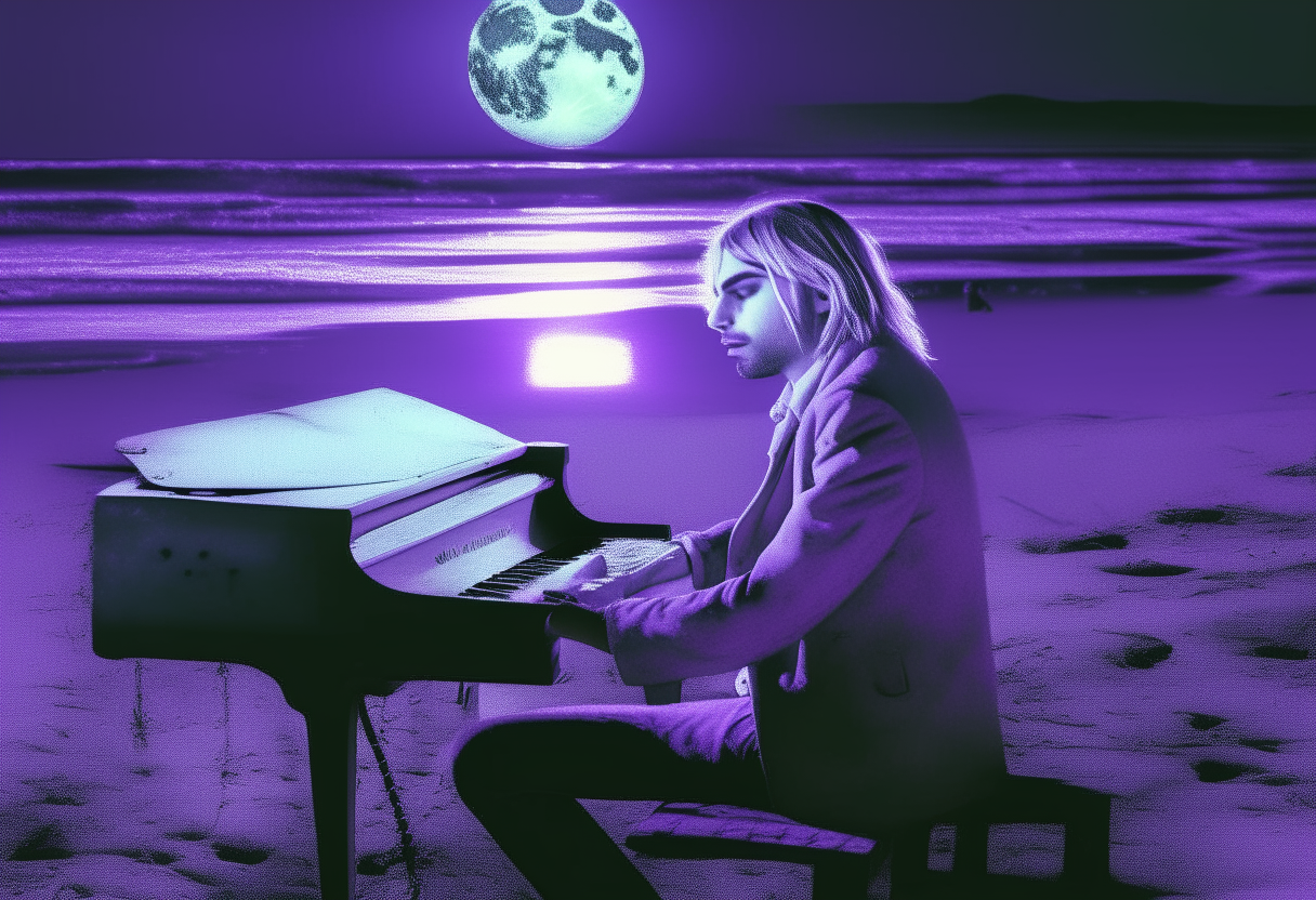 NEON KURT COBAIN PLAYING PIANO ON A BEACH UNDER A PURPLE MOON