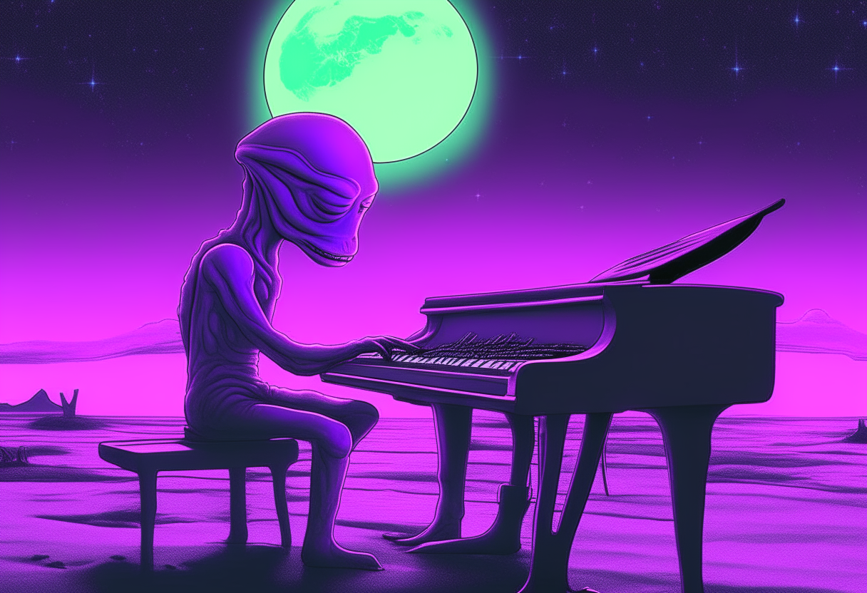 NEON ALIEN PLAYING PIANO ON A BEACH UNDER A BLUE MOON. NEON ALIEN PLAYING PIANO ON A BEACH UNDER A PURPLE MOON