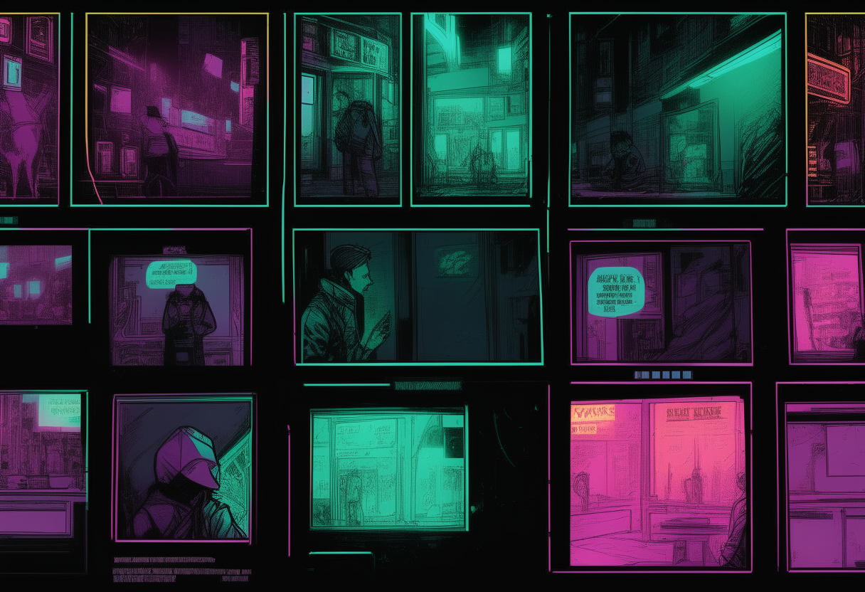 A cyberpunk comic page with 4 panels, glowing neon borders but blank white inner space