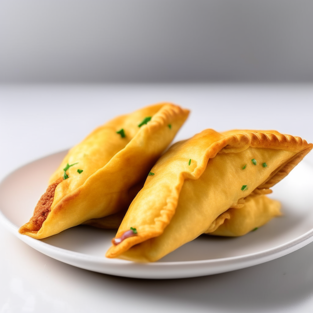 Taco-tastic empanadas on a white plate, photographed with bright, clear studio lighting and razor-sharp focus