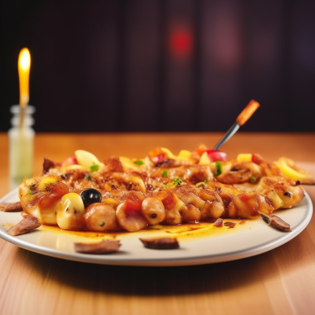 Sizzling Supreme Skewers Pizza on a plate, with wooden skewers in the meat, decorated with fruit slices, photographed with bright studio lighting and razor sharp focus